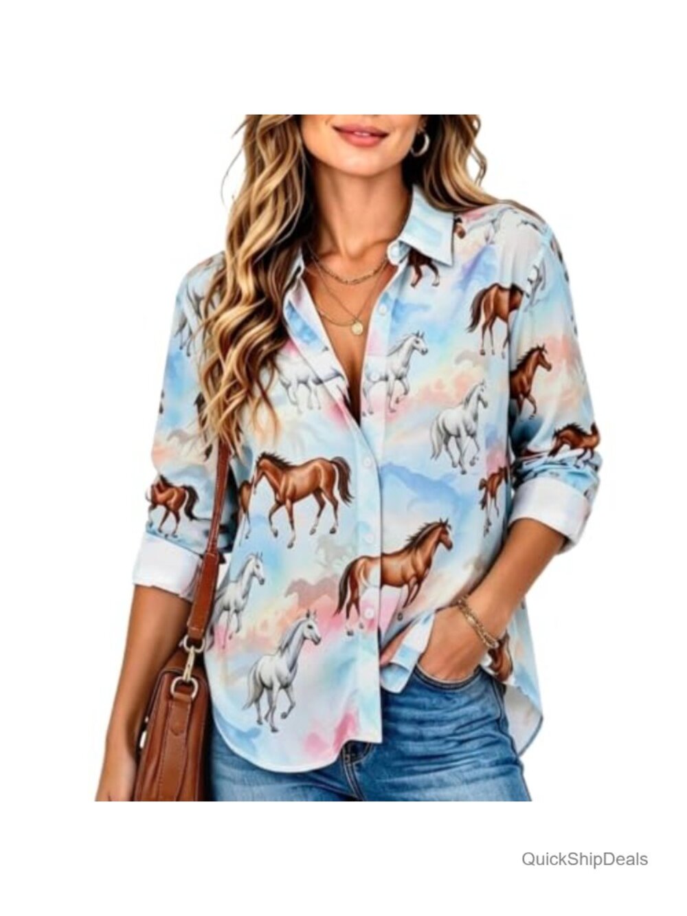 Women's Long Sleeve Button Down Shirt Irregular Hem Loose Fit Blouse